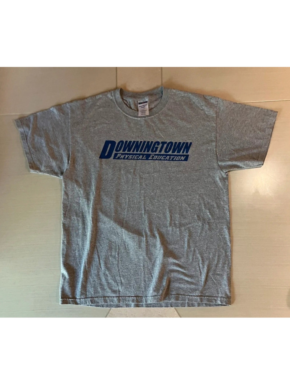 Vintage Jerzees Downingtown Physical Education T-Shirt Grey Faded Distressed PE